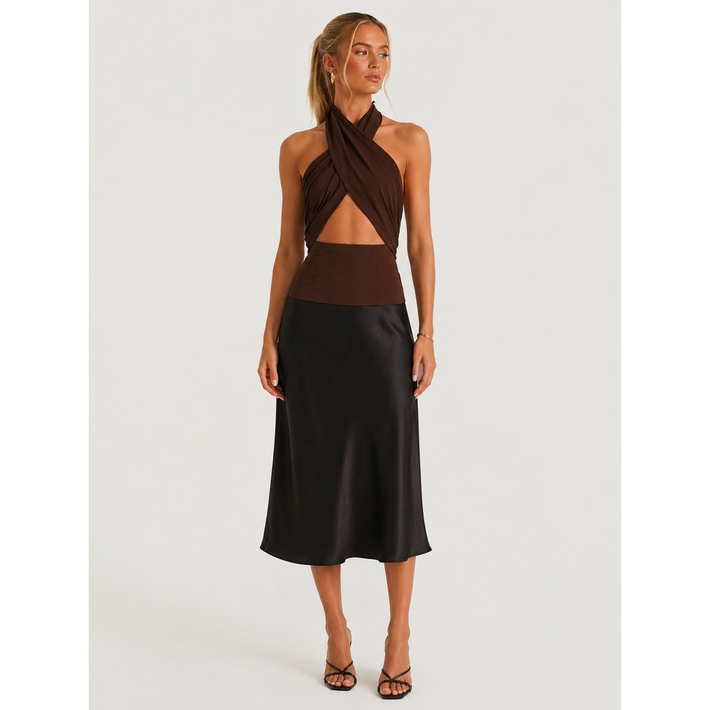 Charcoal Sara Halter Cut Out Top Brown Criss Cross Back Zip 6 S NWOT